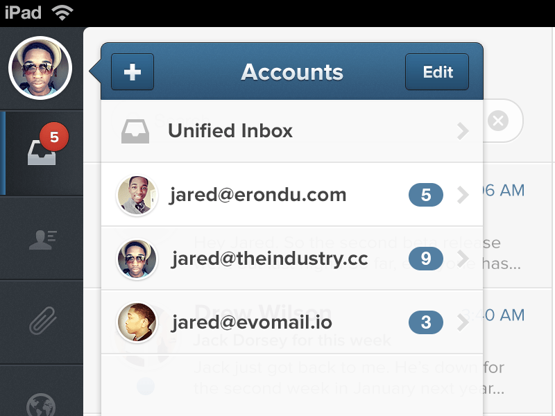 Evomail account switcher