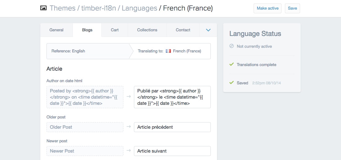 Screenshot of the Shopify language editor
